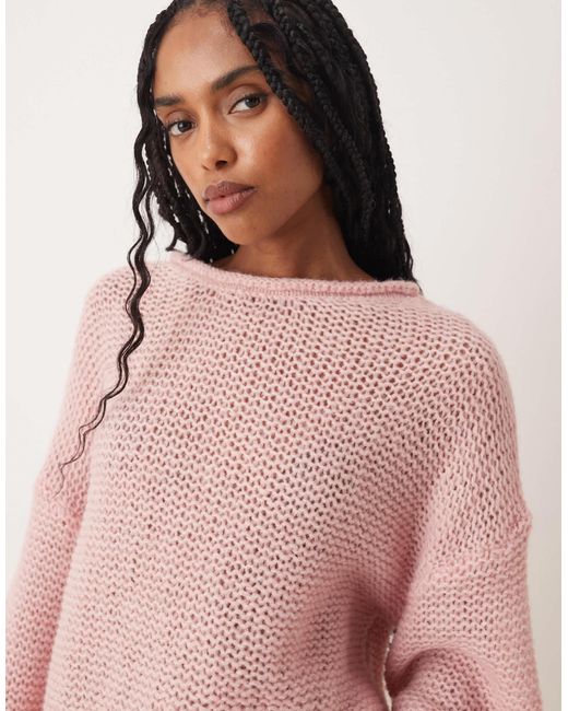 ASOS Pink Knitted Relaxed Slash Neck Jumper With Rolled Edge Detail