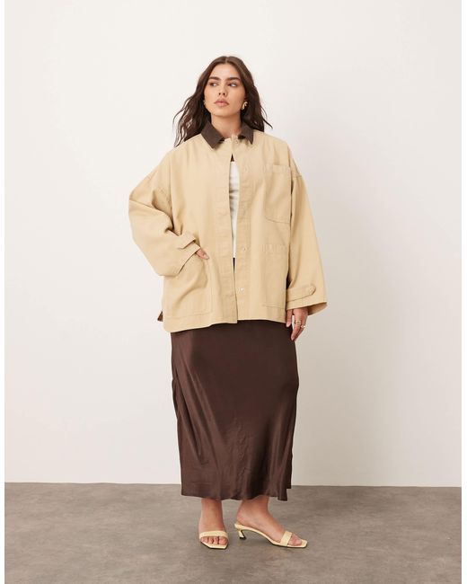 ARRANGE Natural Curve Canvas Oversized Barn Shacket With Corduroy Collar