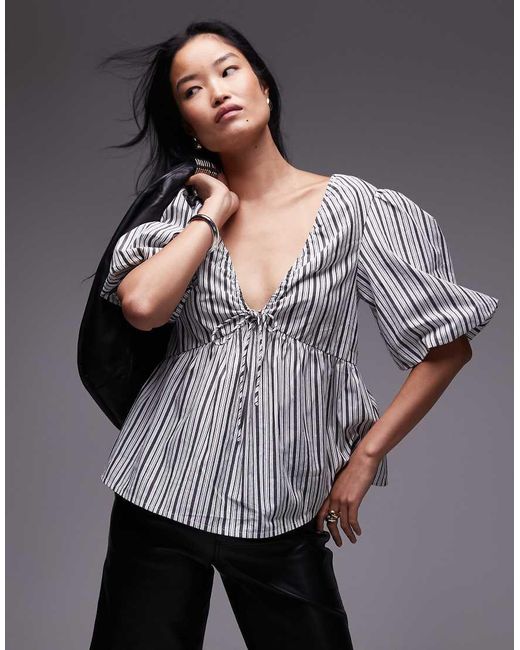 TOPSHOP Gestreepte Top Van Poplin Met Pofmouwen in het Gray