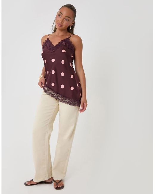 Threadbare Red Polka Dot Satin Lace Trim Cami