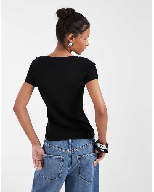 & Other Stories Black Short Sleeve T-Shirt With Low Neckline And Bow Detail