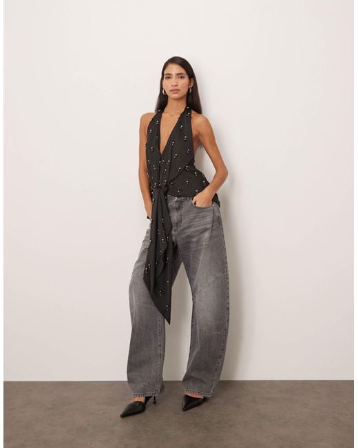 ARRANGE Black Embellished Plunge Tie Halter Top