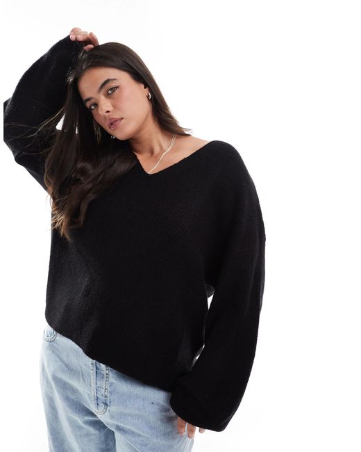 Threadbare Black Plus Fluffy V-Neck Slouchy Jumper