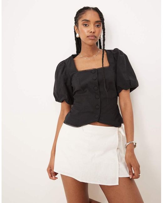 Nobody's Child Black Puff Sleeve Button Down Top
