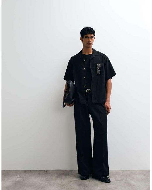 ASOS Black Oversized Revere Crinkle Texture Shirt for men