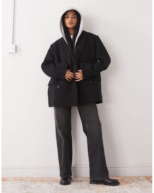 Weekday Black Wool Blend Oversized Double Breasted Blazer Jacket