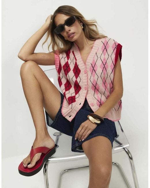 River Island Pink Knitted Argyle Waistcoat