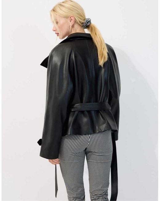 Stradivarius Black High Neck Leather Effect Trench Coat