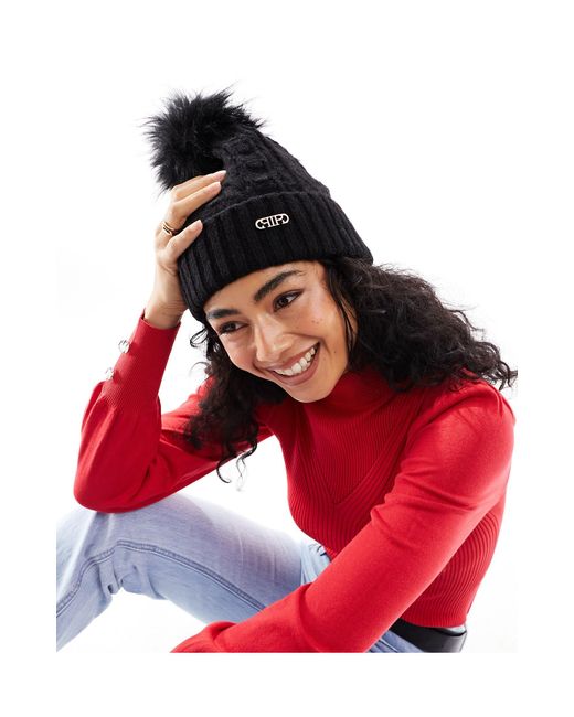 River Island Red Cable Knit Pom Beanie