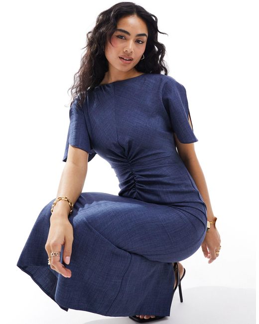 ASOS Blue Linen-look Flutter Sleeve Midi Dress With Ruching Detail