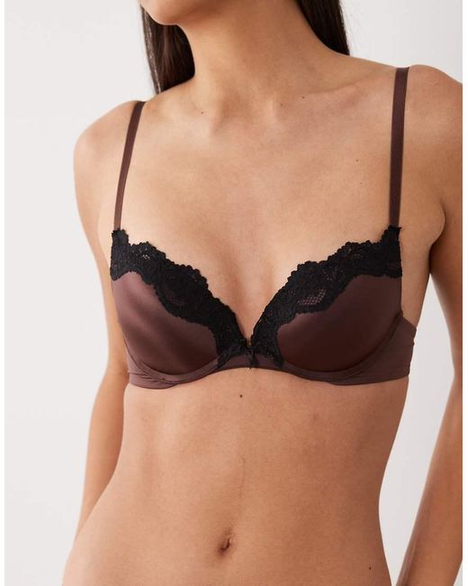 New Look Brown Satin Lace Trim Plunge Bra