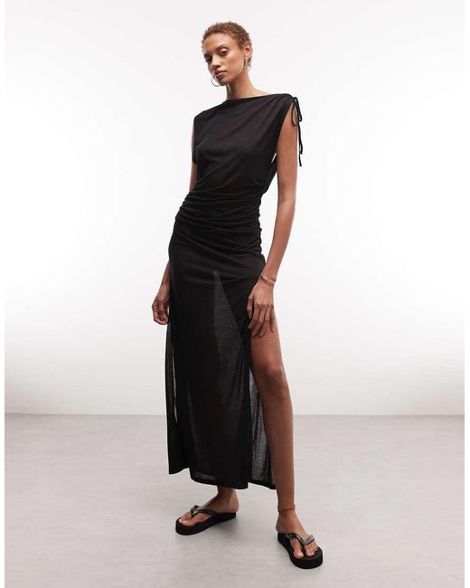 Weekday Black Sheer Slash Neck Maxi Dress With Ruched Side Detail