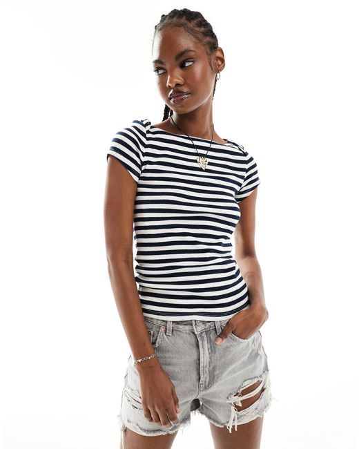 Monki Blue Fitted Short Sleeve Top With Boat Neck