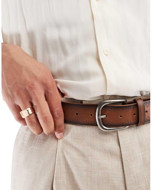 Ceinture embossée style western en similicuir à boucle argentée effet vieilli - fauve ASOS pour homme en coloris Natural