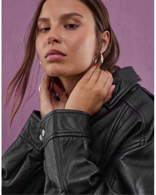 Stradivarius Black 100% Leather Oversize Jacket