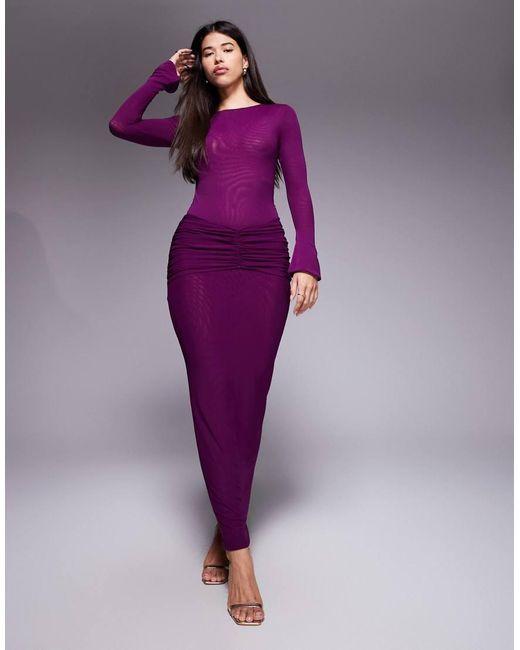 Ruched & Ready Purple Ruched & Ready Mesh Ruched Drape Detail Bodycon Maxi Skirt Co-Ord