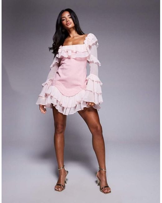 ASOS Pink Denim Corset Mini Dress With Chiffon Sleeves And Hem