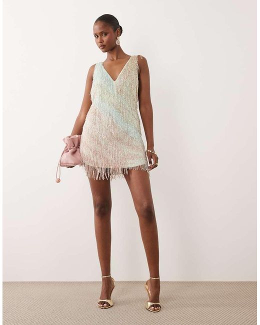ASOS Natural Embellished Fringe V Neck Mini Dress