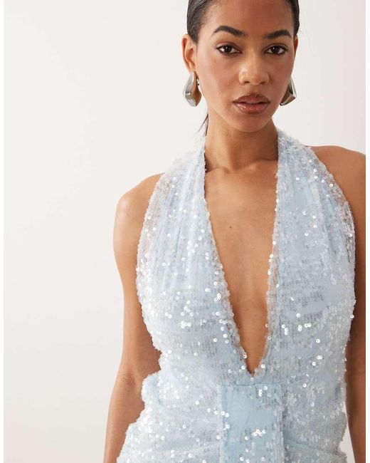 ASOS White Sequin Plisse Plunge Halter Maxi Dress With Scarf Detail
