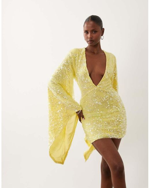 ASOS Yellow Sequin Plisse Batwing Mini Dress With Ruching Detail