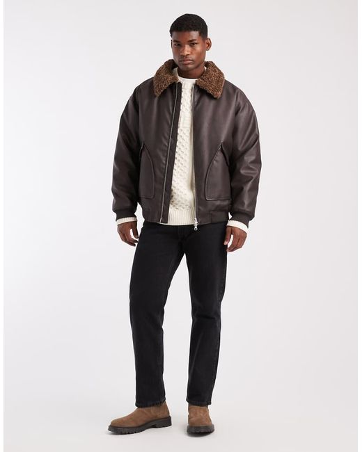 Chaqueta De Estilo Entrenador De Cuero Sintético Con Solapas De Borreguito De ASOS de hombre de color Brown