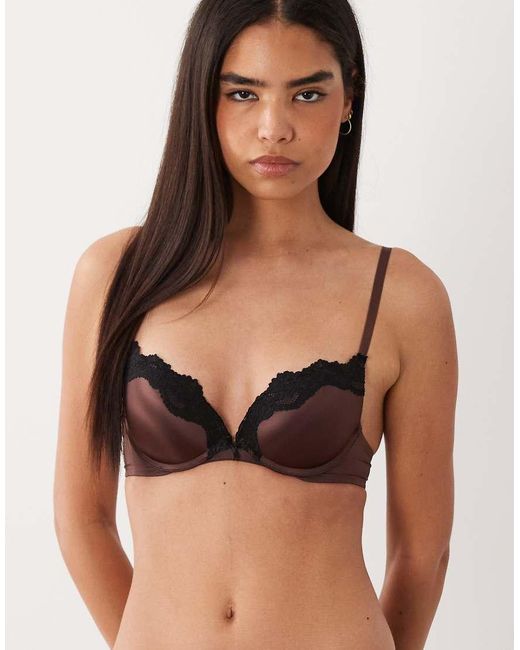 New Look Brown Satin Lace Trim Plunge Bra