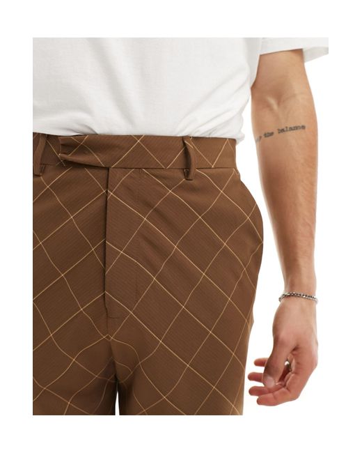 ASOS Brown Wide Leg Bias Cut Check Suit Trouser for men