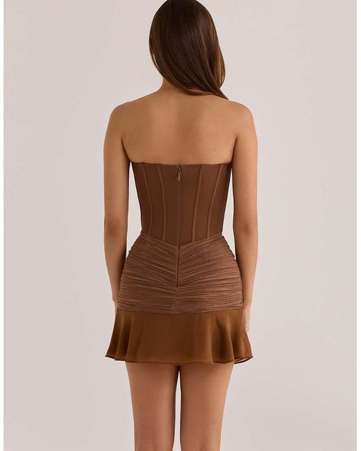 House Of Cb Brown Charlotte Bronze Shimmer Chiffon + Mesh Strapless Mini Dress