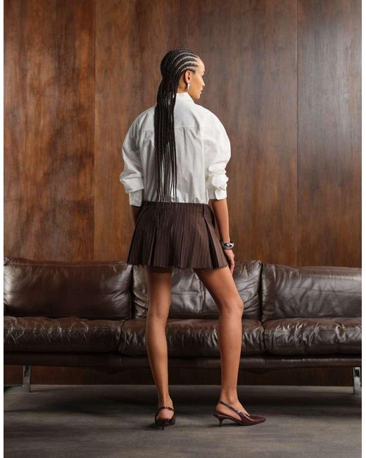Monki Brown Pleated Mini Skirt With Frayed Edge And Pocket Detail