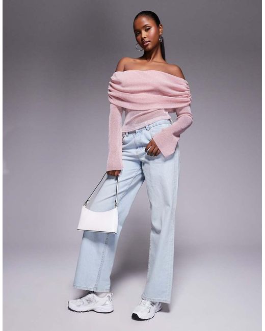 Top Efecto Purpurina Con Escote Bardot Asimétrico Y Mangas Acampanadas De Malla De -Dorado ASOS de color Purple