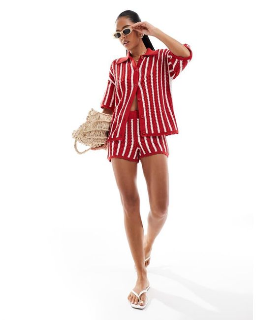 ASOS Red Stripe Scallop Edge Knitted Shirt Co-ord