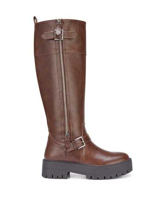 SEQWL Brown Knee High Boots With Zip & Buckle Fastening Casual Shoes