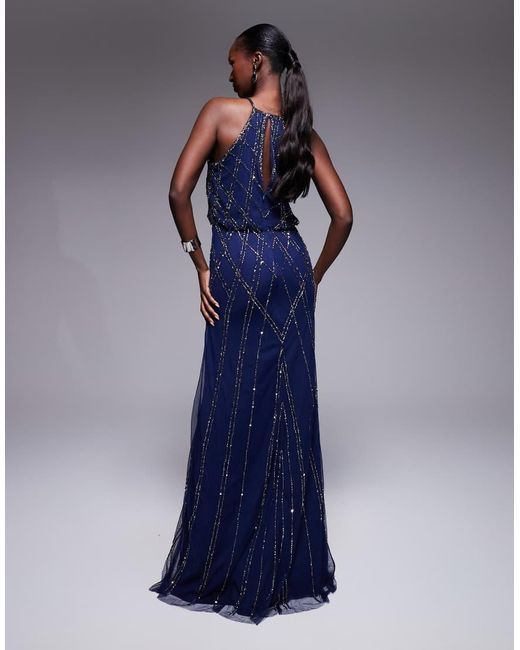 Goddiva Blue Racer Neck Sleeveless Hand Embellished Sequin Maxi Dress
