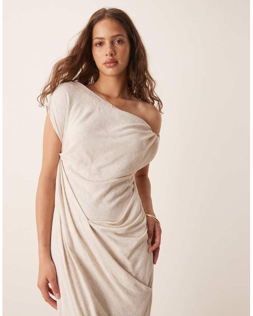ASOS Natural Linen Fallen Twist Shoulder Wrap Skirt Detail Midi Dress