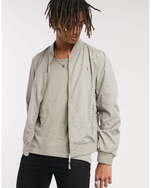 AllSaints Gray Bassett Ramskull Logo Bomber Jacket for men