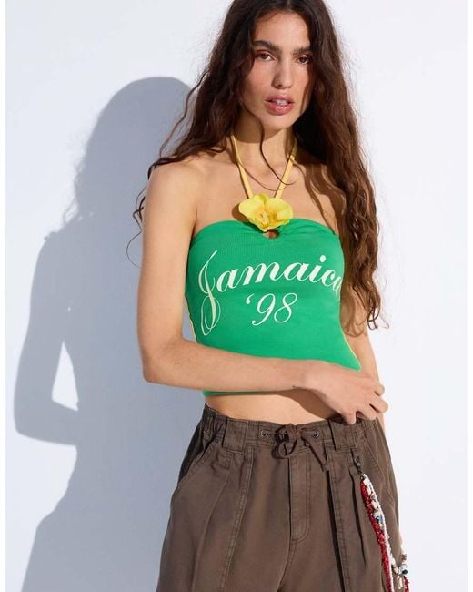Bershka Green Halter Top With Floral Print