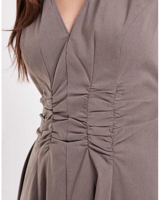 ASOS Brown V-neck Ruched Waist Bengaline Mini Dress