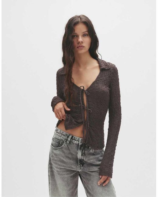 Pull&Bear Brown Textured Blouse With Bows