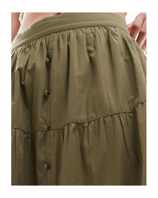 Miss Selfridge Green Button Through Tiered Prairie Maxi Skirt