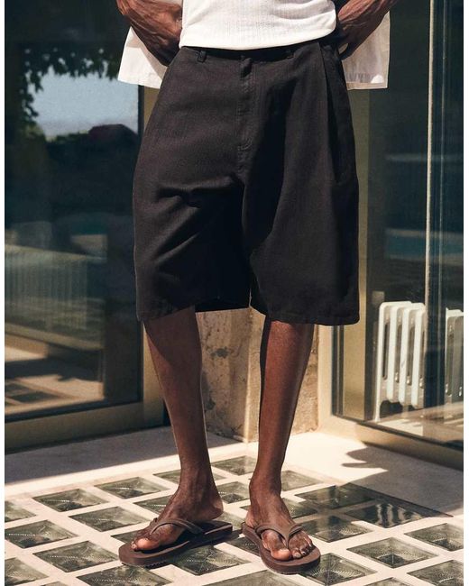 Bershka Black Super baggy Linen Bermuda Shorts for men