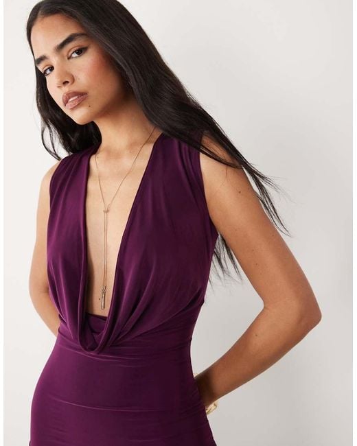 Kaiia Purple Exclusive Double Layered Slinky Extreme Cowl Neck Sheer Hem Maxi Dress