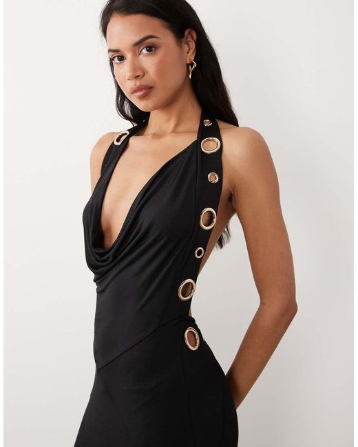 Murci Blue Slinky Halterneck Extreme Cowl Front Eyelet Detail Low Back Maxi Dress
