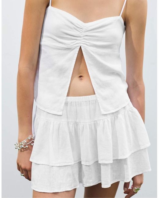 Pull&Bear Mini Rok Van Linnenmix Met Ruches in het White