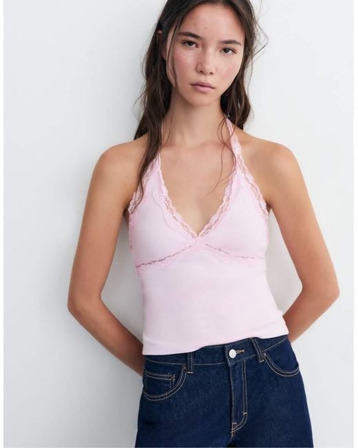 Pull&Bear White Lace-trimmed Halter Top