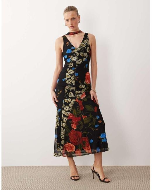 ASOS Multicolor Printed Mesh Midi Dress With Scarf Detail
