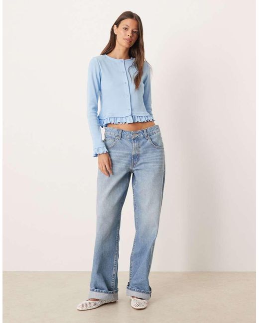 ASOS Blue Mini Rib Frill Hem Button Through Top
