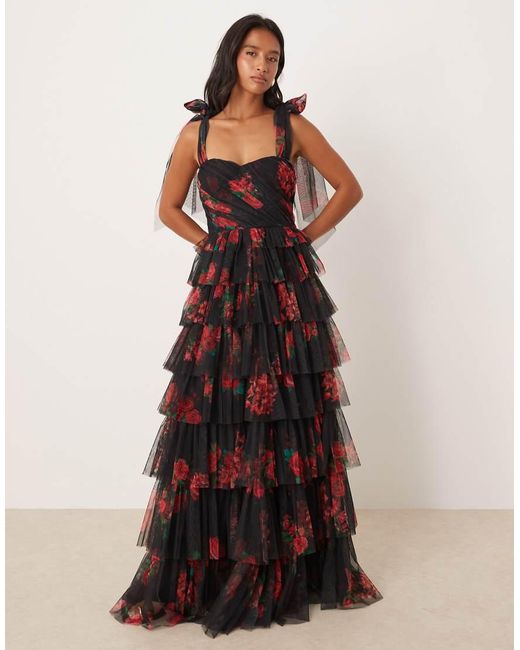 LACE & BEADS Black Tulle Bow Shoulder Maxi Dress
