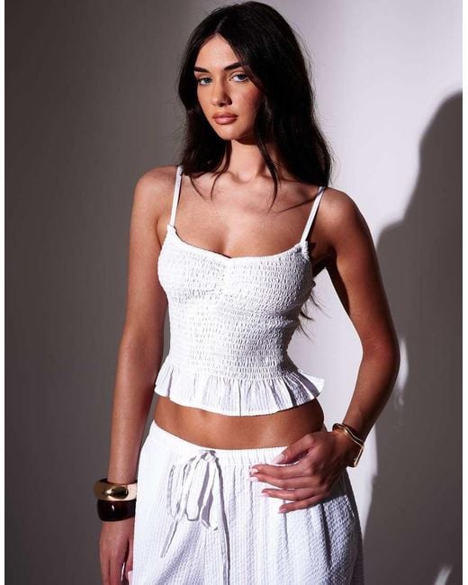 South Beach White Seersucker Smocked Peplum Top