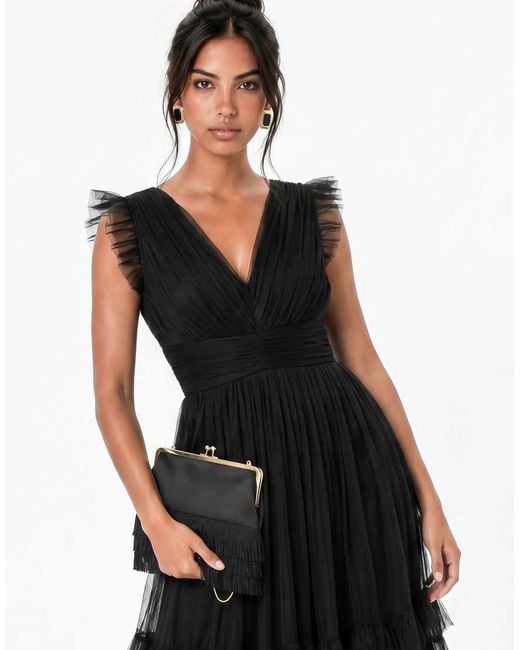 ANAYA Black Flutter Sleeve Ruffle Maxi Dress