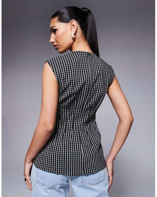 River Island Gray Pintuck Check Poplin Top